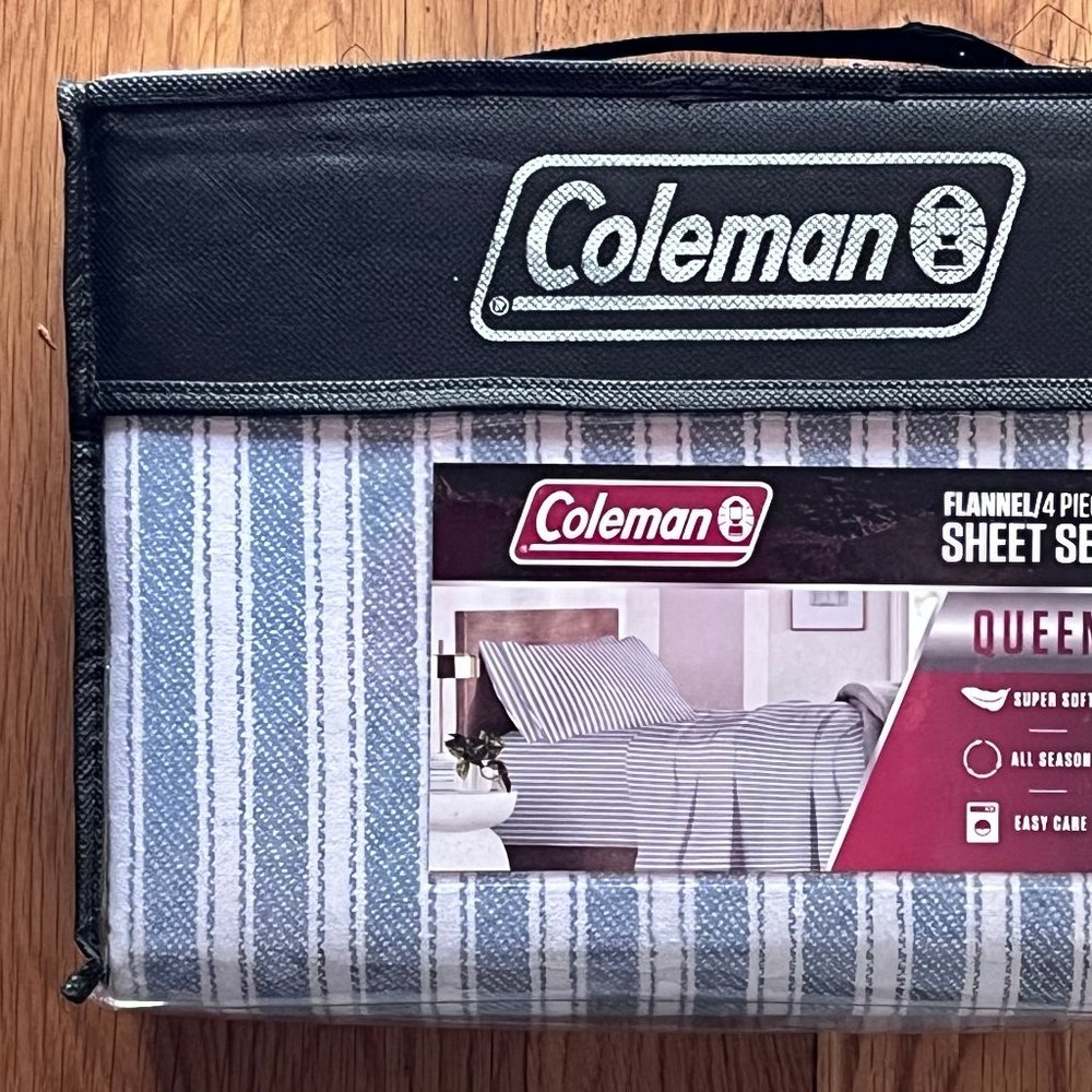 Coleman BLUE WHITE STRIPE QUEEN Size Cotton Flannel Sheet Set - SUPER SOFT